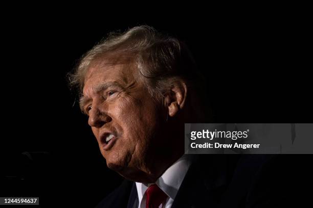 Former U.S. President Donald Trump speaks at a campaign rally on the eve of Election Day at the Dayton International Airport on November 7, 2022 in...