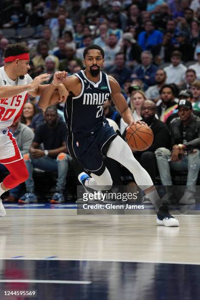 Spencer Dinwiddie of the Dallas Mavericks dribbles the ball during the game against the Brooklyn Nets on November 7, 2022 at the American Airlines...