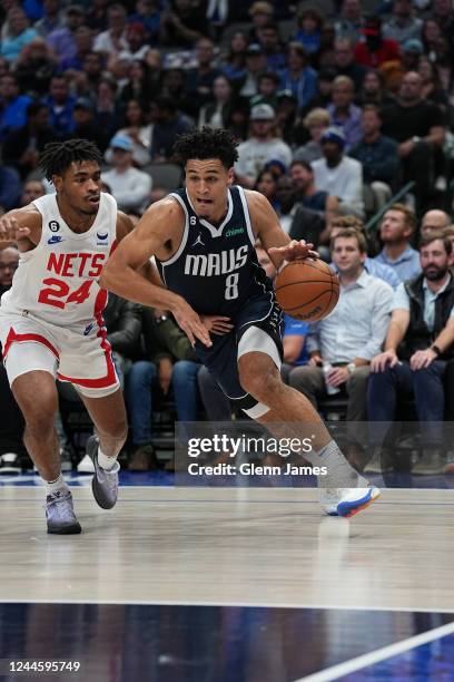 Josh Green of the Dallas Mavericks dribbles the ball during the game against the Brooklyn Nets on November 7, 2022 at the American Airlines Center in...