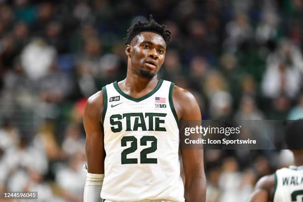 Michigan State Spartans center Mady Sissoko walks up court after a whistle during a college basketball game between the Michigan State Spartans and...