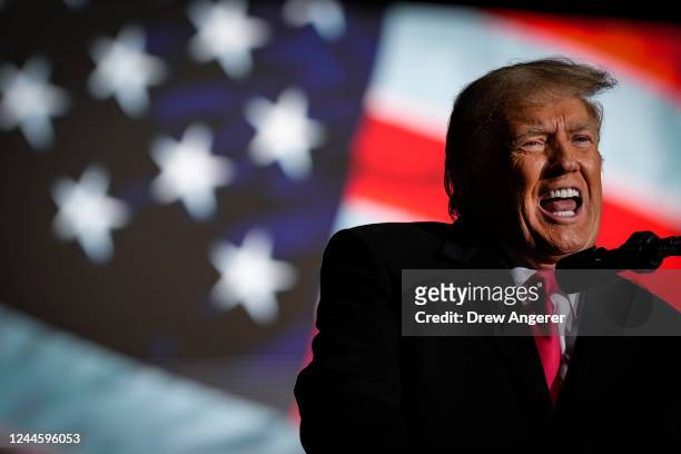 Former U.S. President Donald Trump speaks during a rally at the Dayton International Airport on November 7, 2022 in Vandalia, Ohio. Trump is in Ohio...