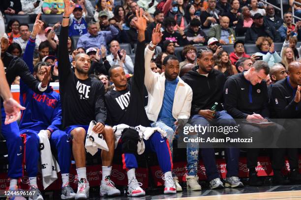 The LA Clippers bench celebrates a three point basket against the Cleveland Cavaliers on November 7, 2022 at Crypto.com Arena in Los Angeles,...