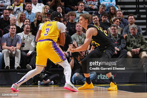 Lauri Markkanen of the Utah Jazz plays defense on Anthony Davis of the Los Angeles Lakers on November 7, 2022 at Vivint SmartHome Arena in Salt Lake...