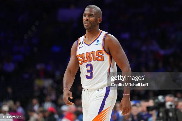 Chris Paul of the Phoenix Suns looks on against the Philadelphia 76ers in the first half at the Wells Fargo Center on November 7, 2022 in...