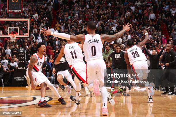 Damian Lillard of the Portland Trail Blazers celebrates game winner during the game against the Miami Heat on November 7, 2022 at FTX Arena in Miami,...
