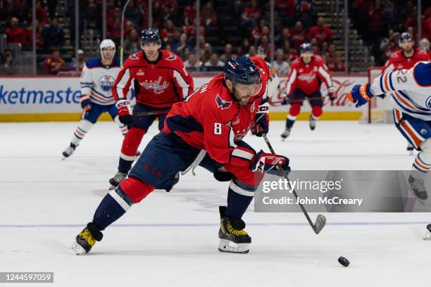 Alex Ovechkin of the Washington Capitals carries the puck up the ice during a game against the Edmonton Oilers at Capital One Arena on November 7,...