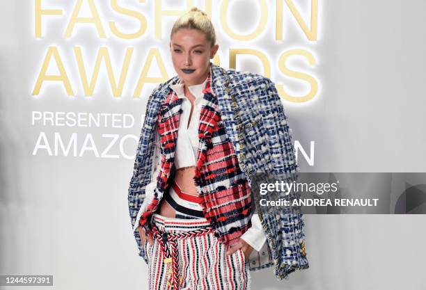 Model Gigi Hadid arrives for the 2022 Council of Fashion Designers of America, Inc. Fashion Awards at Cipriani South Street in the Manhattan borough...