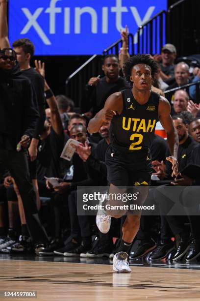 Collin Sexton of the Utah Jazz celebrates against the Los Angeles Lakers on November 7, 2022 at Vivint SmartHome Arena in Salt Lake City, Utah. NOTE...
