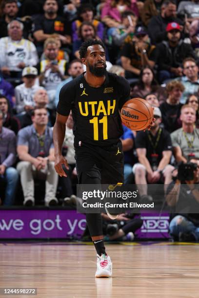 Mike Conley of the Utah Jazz dribbles the ball against the Los Angeles Lakers on November 7, 2022 at Vivint SmartHome Arena in Salt Lake City, Utah....