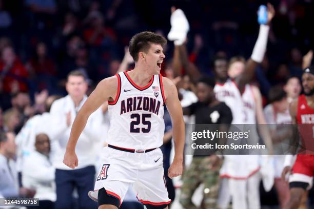 Arizona Wildcats guard Kerr Kriisa celebrates during the second half of a basketball game between the Nicholls State Colonels and the University of...