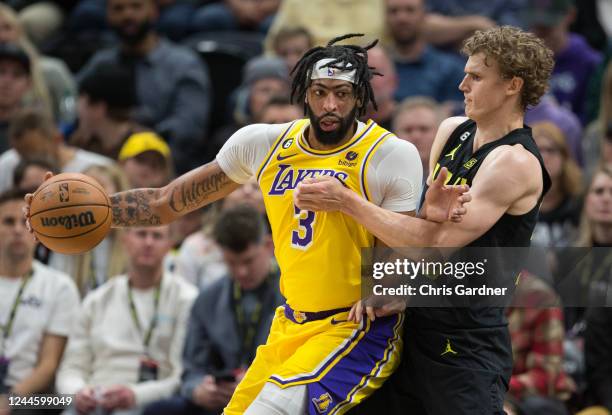 Lauri Markkanen of the Utah Jazz pressures Anthony Davis of the Los Angeles Lakers during the second half of the game at the Vivint Arena November 7,...