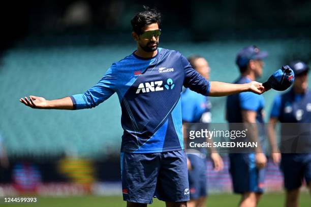 New Zealand's Ish Sodhi attends a training session, ahead of the first ICC mens Twenty20 World Cup 2022 cricket semifinal match between Pakistan and...
