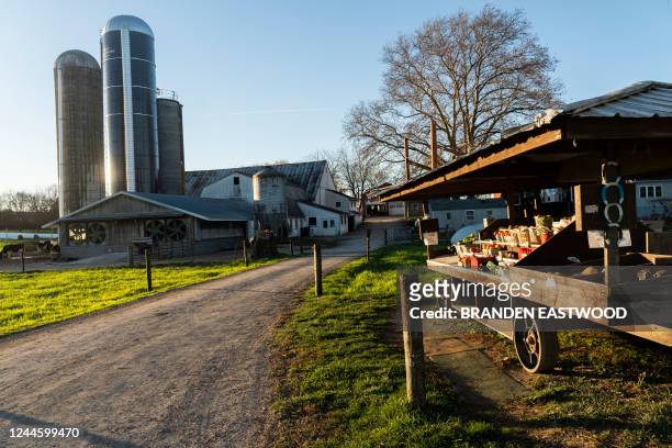 An apple stand is seen in farmland in Lancaster County, Pennsylvania near the town of Bird-in-Hand on November 7, 2022 on the eve of the US midterm...