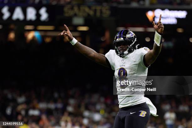 Lamar Jackson of the Baltimore Ravens celebrates after a touchdown against the New Orleans Saints during the second half of the game at Caesars...