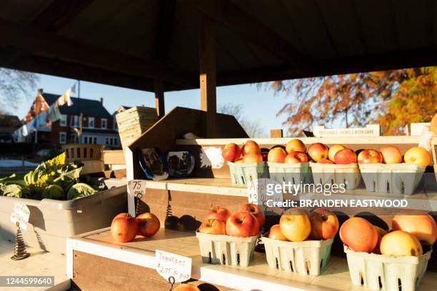 An apple stand is seen in farmland in Lancaster County, Pennsylvania near the town of Bird-in-Hand on November 7, 2022 on the eve of the US midterm...