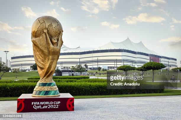 View of Al Bayt Stadium and a FIFA World Cup, ahead of the 2022 FIFA World Cup in Al Khor, Qatar on November 02, 2022. Al Bayt Stadium is with a...
