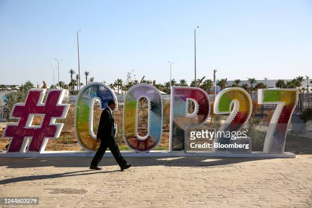 Logo sign in the grounds of the green zone area at the COP27 climate conference at the Sharm El Sheikh International Convention Centre in Sharm...