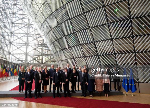 And EFTA finance Ministers pose for a family photo at the end of an European Union / European Free Trade Association EcoFin during a Ministers...