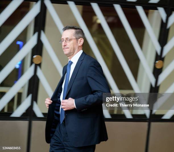 Hungarian Finance Minister Mihaly Varga arrives for an EU and EFTA finance Ministers family photo during a Ministers meeting in the Europa, the EU...