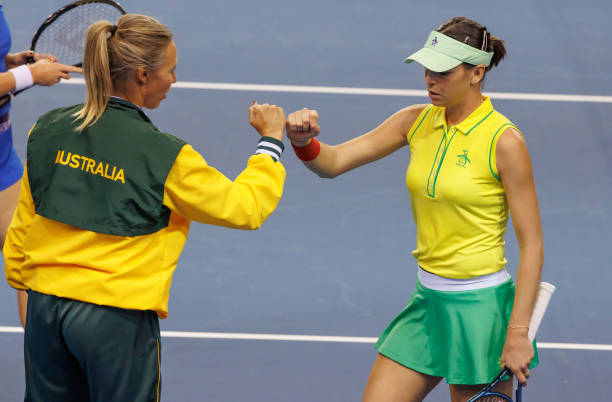 Australias Ajla Tomljanovic celebrates winning the first set against Slovakias Anna Schmiedlova during day one of the Billie Jean King Cup Group...