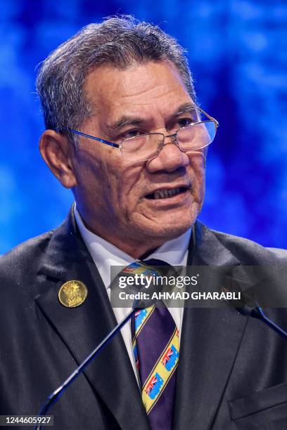 Tuvalu's Prime Minister Kausea Natano delivers a speech at the leaders summit of the COP27 climate conference at the Sharm el-Sheikh International...