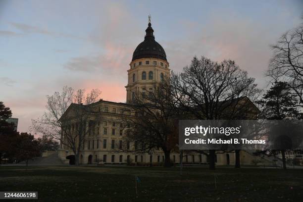 The Kansas capital building is seen on November 8, 2022 in Topeka, Kansas. Voting begins today as Incumbent Gov. Laura Kelly faces Republican state...