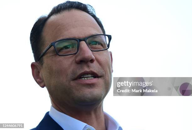 Democratic Gubernatorial candidate Josh Shapiro addresses the media after casting his ballot at the Rydal Elementary School West polling location on...