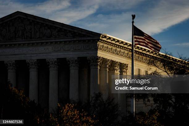 The rising sun creeps across the US Supreme Court on November 8, 2022 in Washington, DC. The Court is hearing a case today that challenges the...