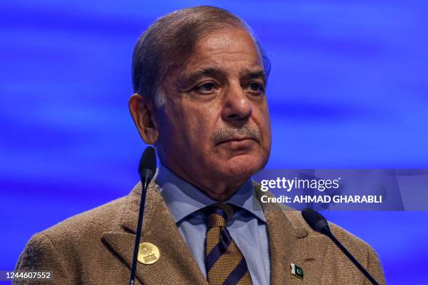 Pakistan's Prime Minister Shehbaz Sharif delivers a speech at the leaders summit of the COP27 climate conference at the Sharm el-Sheikh International...