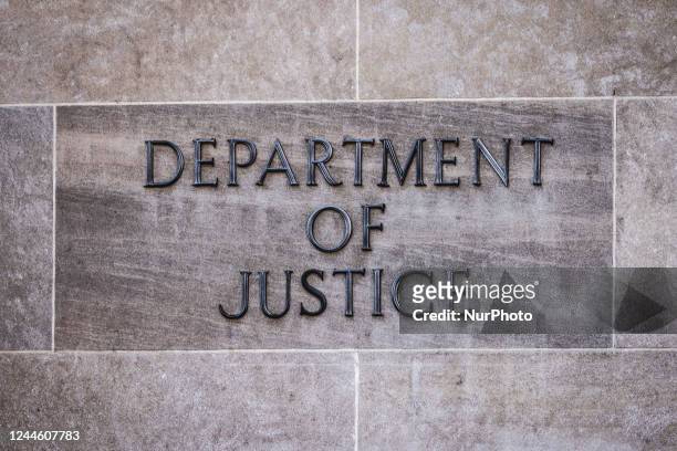 Department of Justice inscription is seen on athe headquarter's building in Washington, D.C., United States on October 20, 2022.