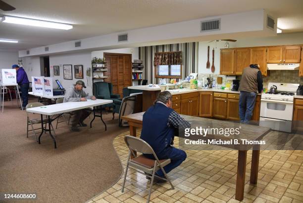 Voters cast their ballots at the Paxico Community Senior Citizens Center on November 8, 2022 in Paxico, Kansas. In the top Midterm races, incumbent...