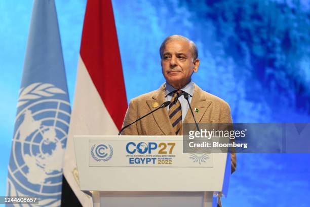Shehbaz Sharif, Pakistan's prime minister, during a national statement at the COP27 climate conference at the Sharm El Sheikh International...