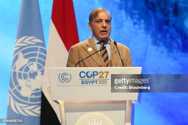 Shehbaz Sharif, Pakistan's prime minister, delivers a national statement at the COP27 climate conference at the Sharm El Sheikh International...