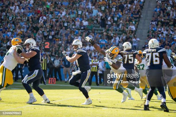 Los Angeles Chargers quarterback Philip Rivers is tackled by Green Bay Packers outside linebacker Za'Darius Smith during an NFL game between the Los...