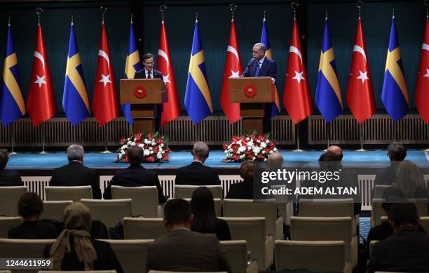 Turkish President Recep Tayyip Erdogan and Swedish Prime Minister Ulf Kristersson hold a press conference following their meeting at the Presidential...