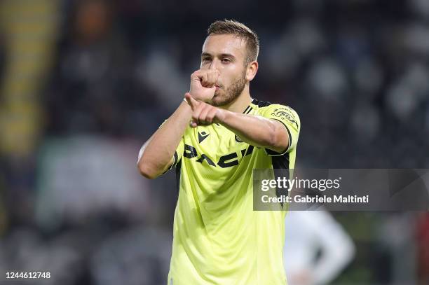 Sandi Lovric of Udinese Calcio celebrates after scoring a goal during the Serie A match between Spezia Calcio and Udinese Calcio at Stadio Alberto...