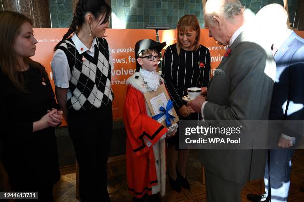 Britain's King Charles III meets members of the UK Youth Parliament during his visit to Leeds Central Library and Art Gallery during an official...