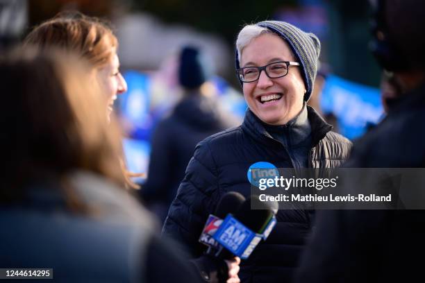 Oregon Democratic gubernatorial candidate Tina Kotek speaks with members of the media at a rally near the Broadway Bridge on November 8, 2022 in...