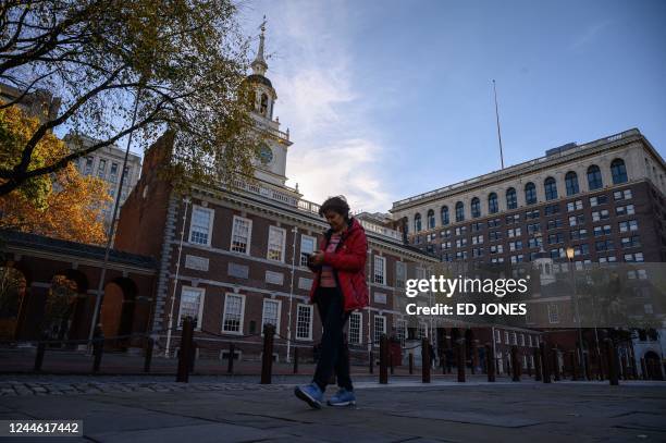 General view shows the Liberty Bell tower in Philadelphia, Pennsylvania on November 8, 2022.