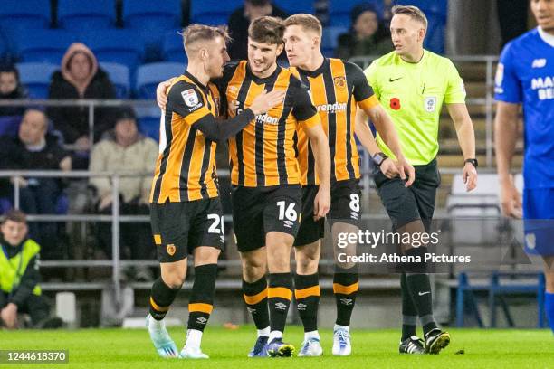 Dimitris Pelkas of Hull City celebrates during the Sky Bet Championship match between Cardiff City and Hull City at the Cardiff City Stadium on...