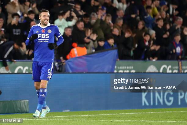 Jamie Vardy of Leicester City celebrates after scoring a goal to make it 3-0 during the Carabao Cup Third Round match between Leicester City and...