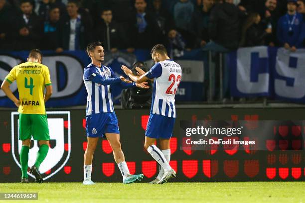 Stephen Eustaquio of FC Porto celebrates after scoring his team's second goal with teammates during the Portuguese Cup match between CD Mafra and FC...