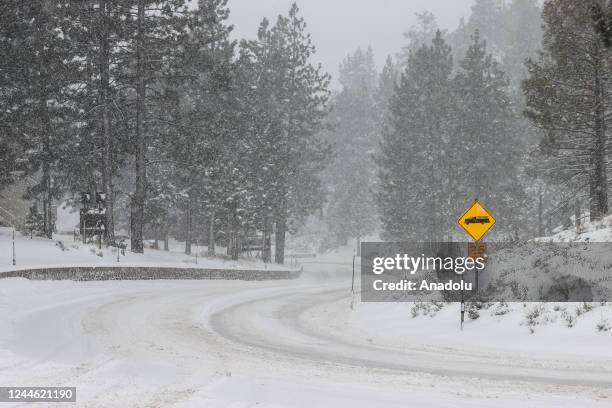 Snow blanked the route 237 in Stateline of Nevada, United States on November 8, 2022 as Winter Storm warning in effect for Lake Tahoe and Nevada...