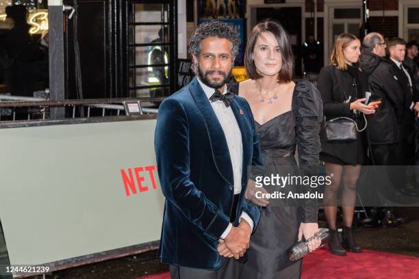 Actor Prasanna Puwanarajah and Lauren Dark arrives at the world premiere of 'The Crown' Season 5 at Theatre Royal in London, United Kingdom on...