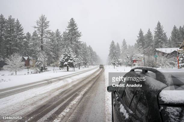 Snow blanked the route 237 in Stateline of Nevada, United States on November 8, 2022 as Winter Storm warning in effect for Lake Tahoe and Nevada...
