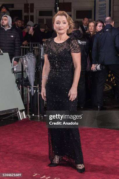 Actor Lesley Manville arrives at the world premiere of 'The Crown' Season 5 at Theatre Royal in London, United Kingdom on November 08, 2022.