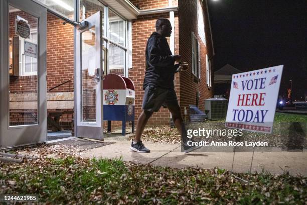 Voter exits the Veterans of Foreign Wars Post 3103 polling location on November 8, 2022 in Fredericksburg, Virginia. After months of candidates...