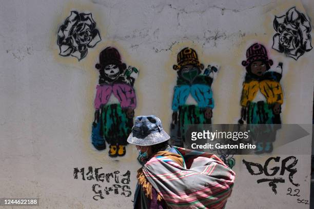 Woman walks in front of a graffiti at Central Cemetery on November 8, 2022 in La Paz, Bolivia. "Las Ñatitas" is a traditional festivity celebrated...