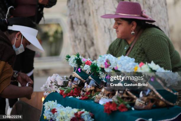People look at the skulls at Central Cemetery on November 8, 2022 in La Paz, Bolivia. "Las Ñatitas" is a traditional festivity celebrated every year...