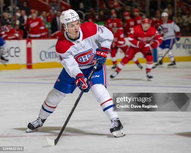 Jake Evans of the Montreal Canadiens skates up ice during the second period of an NHL game against the Detroit Red Wings at Little Caesars Arena on...